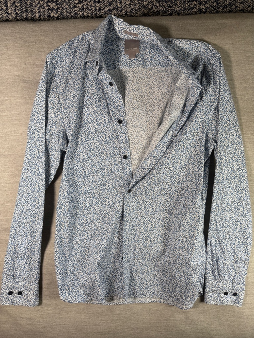 Frame White Button-Up Shirt with Blue Micro Dot Print